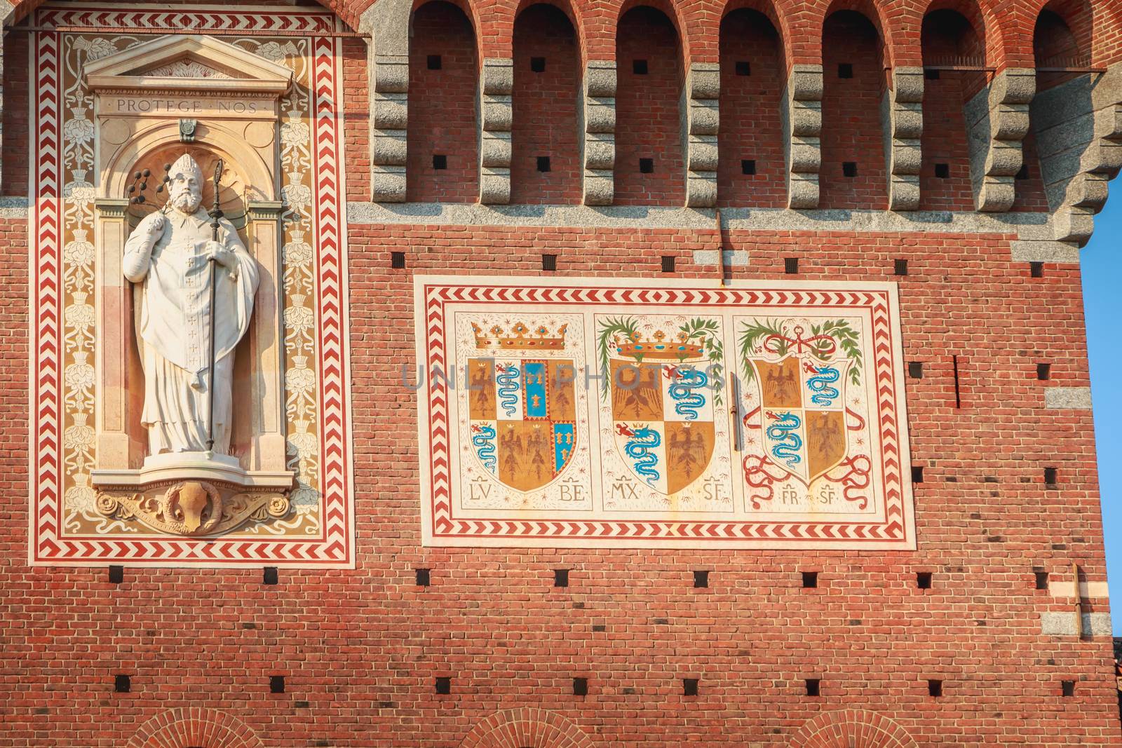 Milan, Italy - November 03, 2017: architectural detail of the facade of the Castle of Sforza on a fall day, a fortress built in the fifteenth century by Francesco Sforza, Duke of Milan