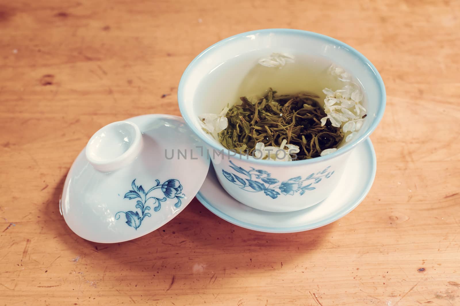 tea cup on a wooden table close-up view