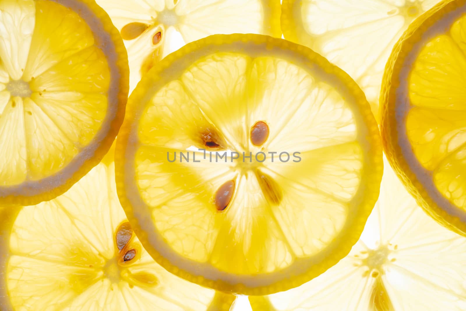 Fresh lemon slices heap backlit close-up view
