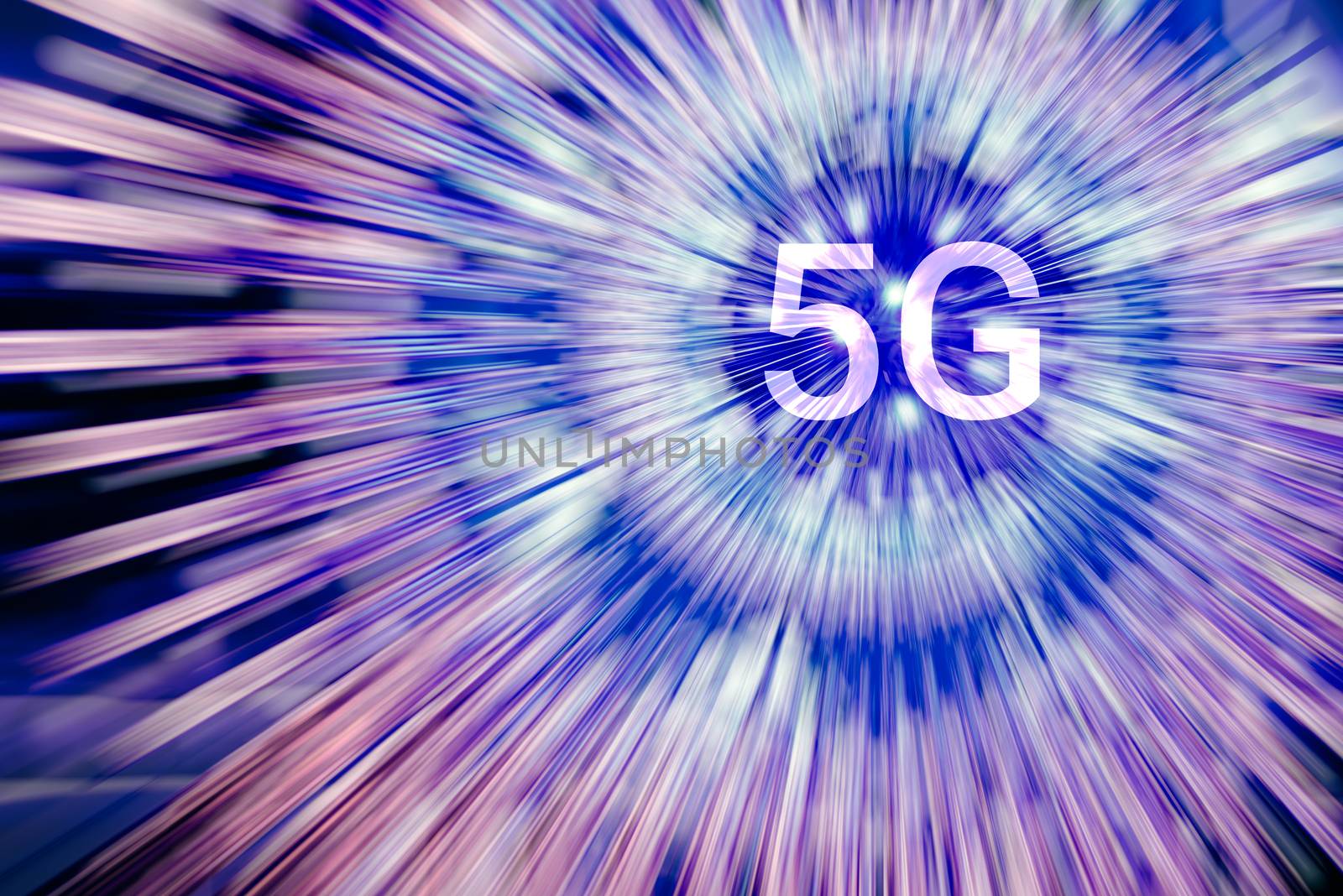 5G on a circular geometric space blue and purple color light rays. Neon radial lines background