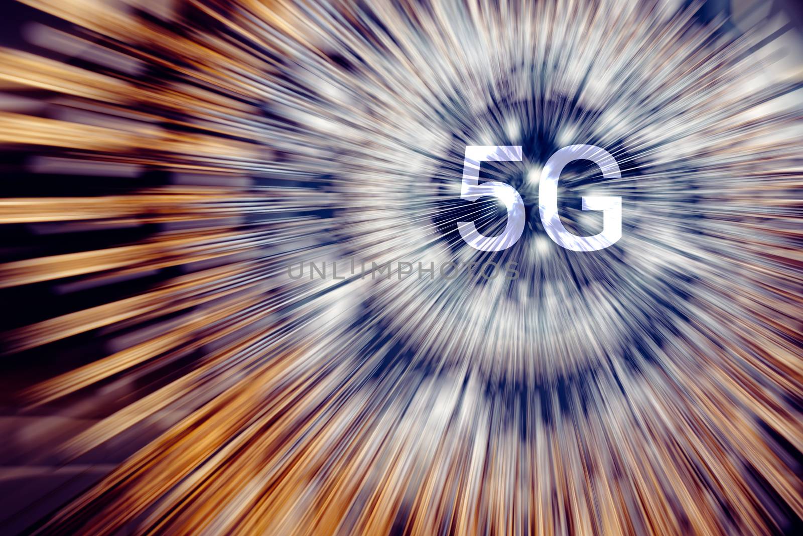 5G on a circular geometric space orange and purple color light rays. Neon radial lines background