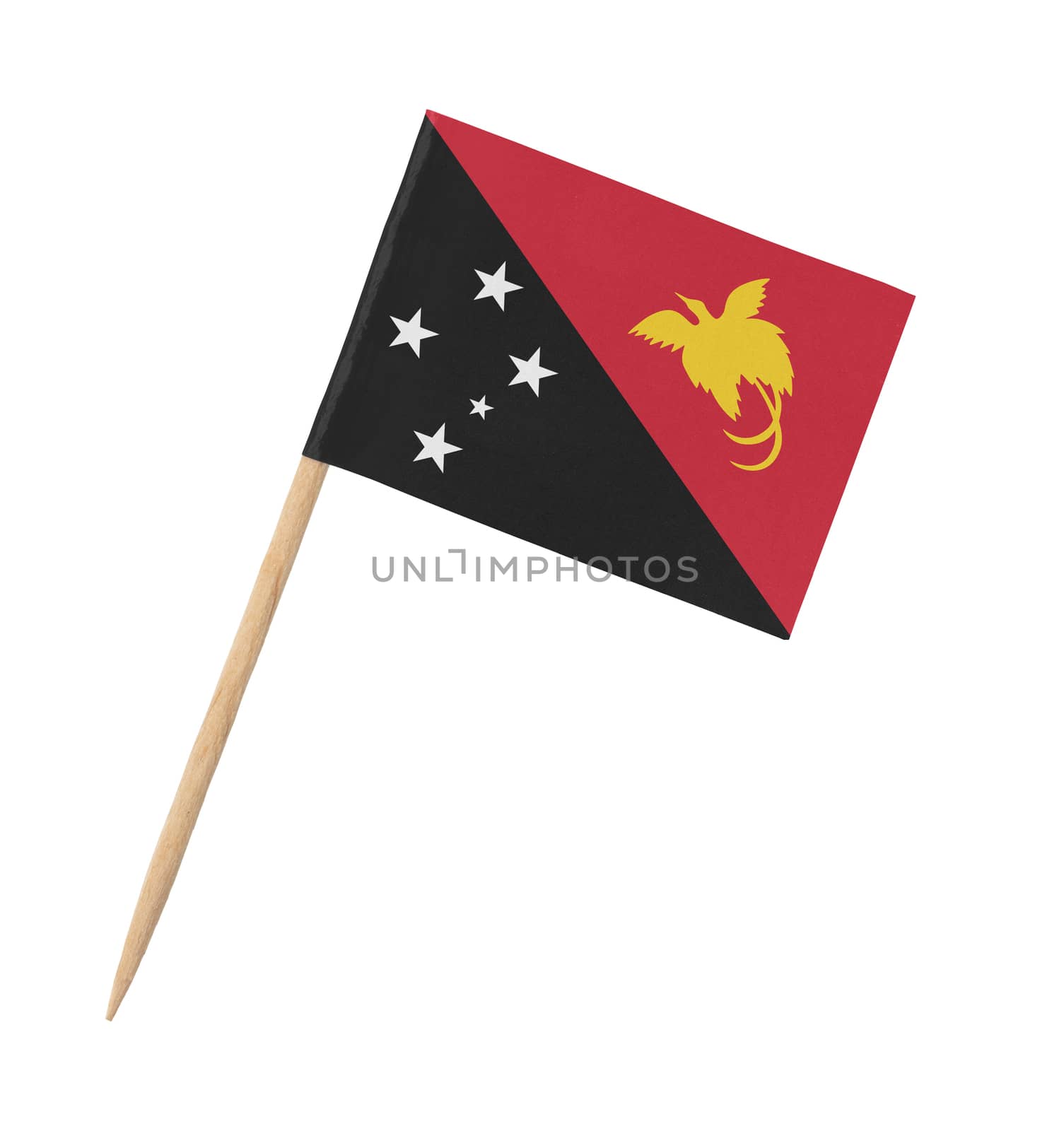Small paper flag of Papua New Guinea on wooden stick, isolated on white