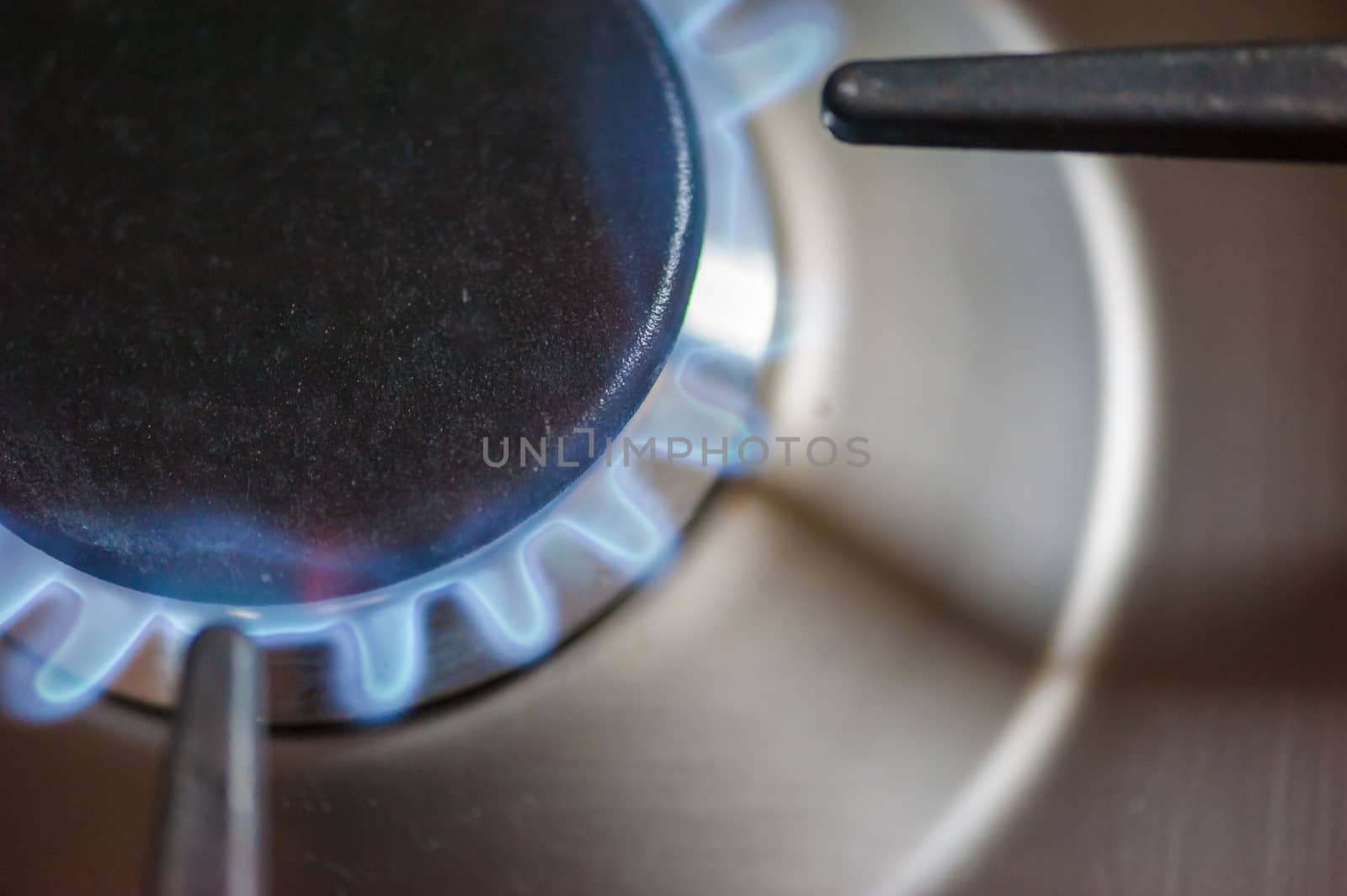 Gas flame from a stove close-up in a kitchen