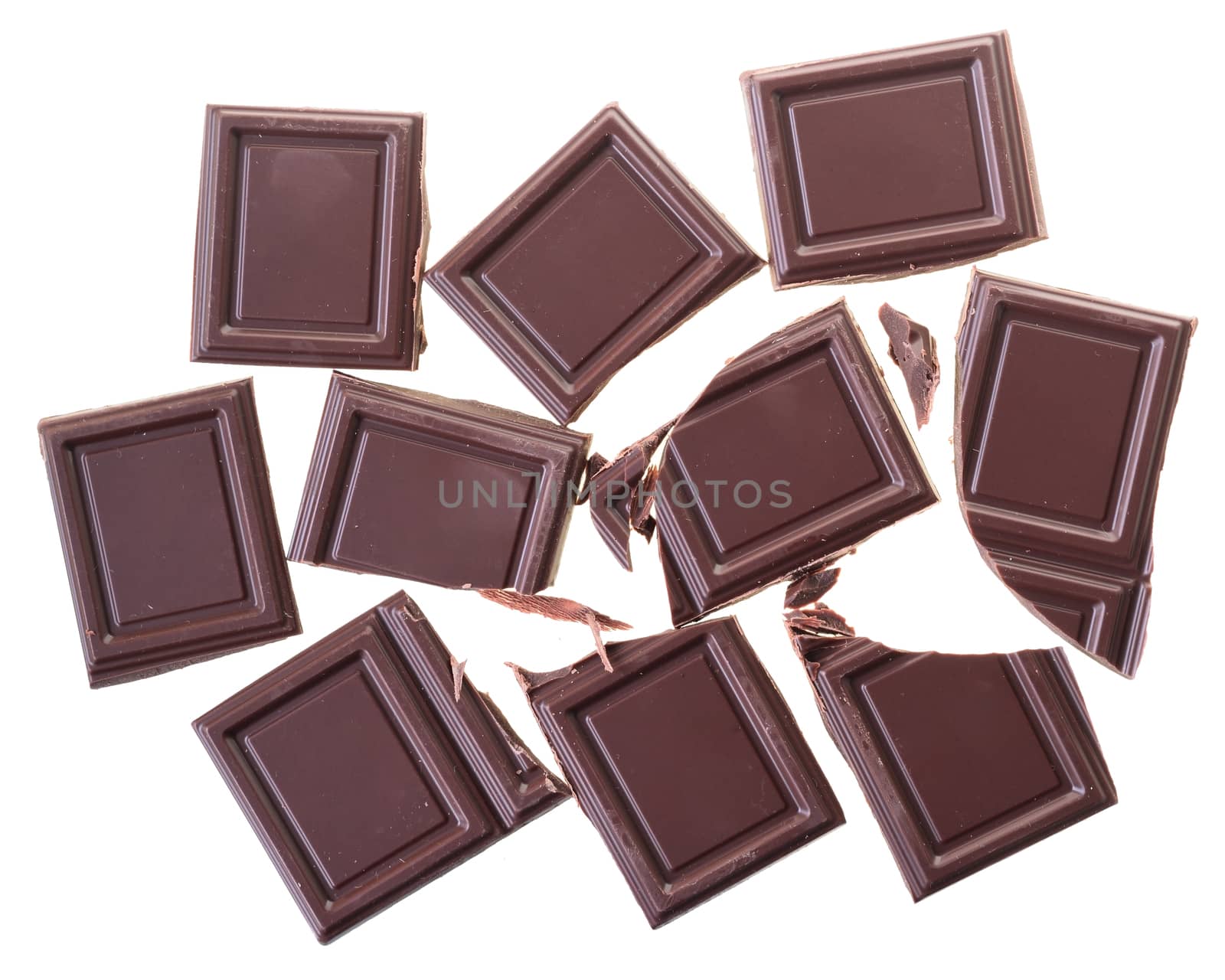 chocolate bar with scattering of coffee beans top view isolated on a white background.