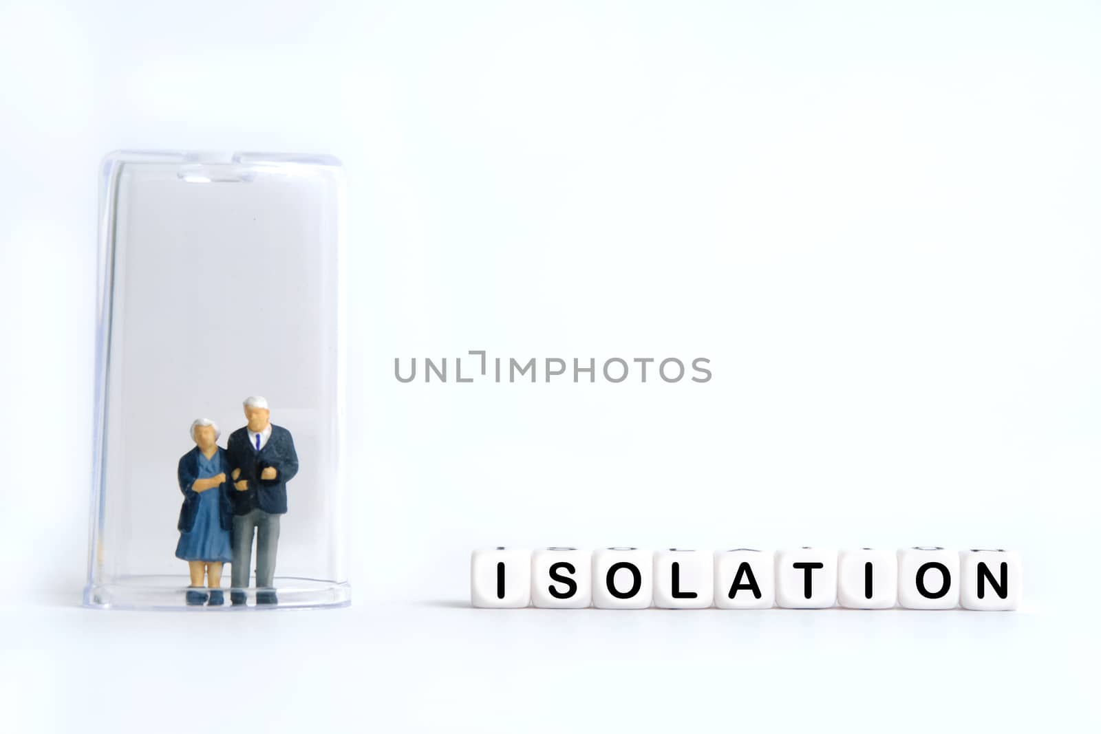 Pandemic corona virus conceptual miniature people photography – word beads alphabet isolation with middle-aged figure on tube by Macrostud