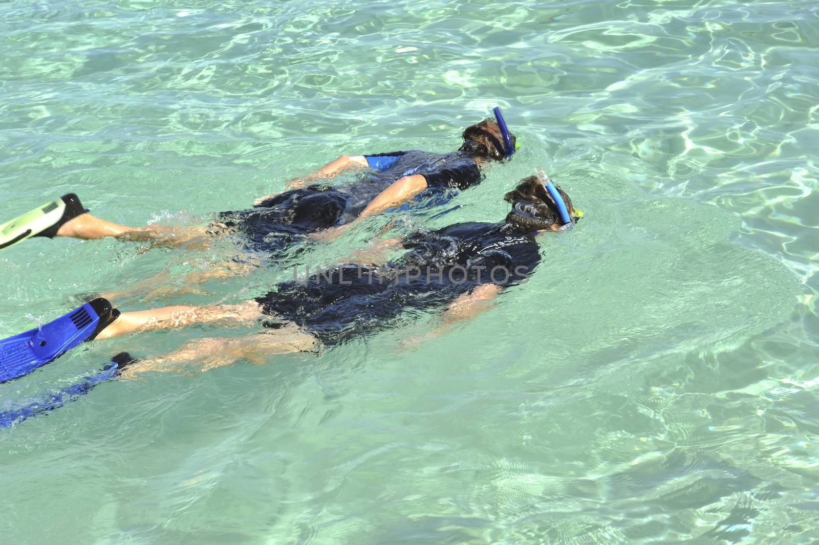 Father and daughter snorkeling in a tropical lagoon on family vacation