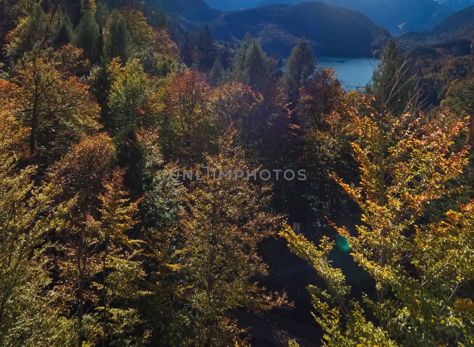 Beautiful nature of European Alps, landscape view of alpine mountains, lake and village on a sunny day, travel and destination scenery