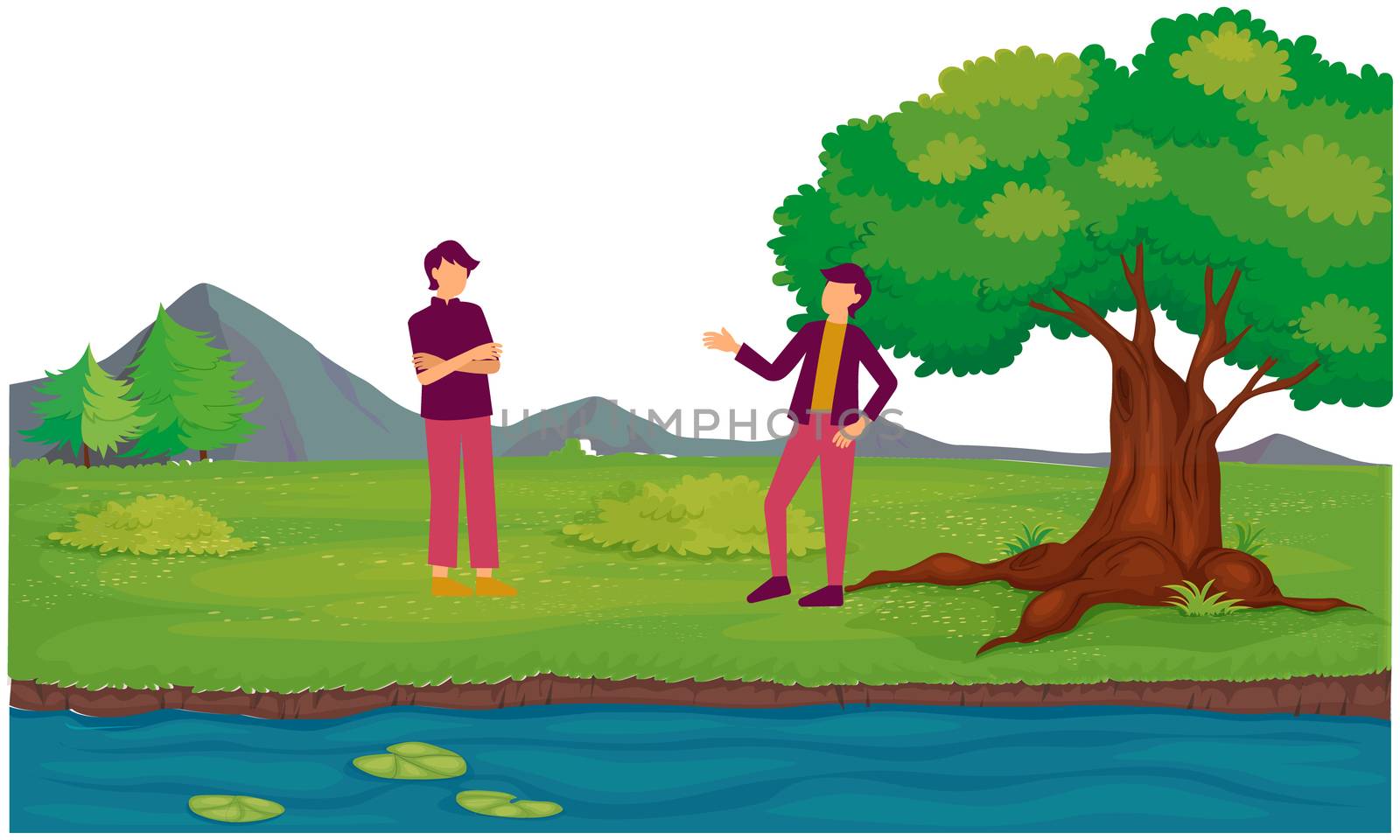 couple talking to each other near the river in the park