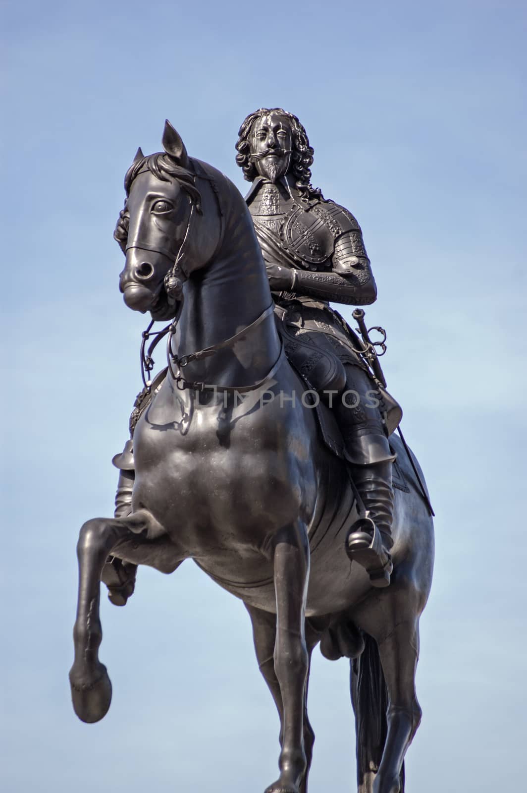 Equine statue of King Charles I (1600-1649), the oldest statue on Trafalgar Square, London. Carved in 1638 by Hubert Le Sueur. Public monument on display for hundreds of years.