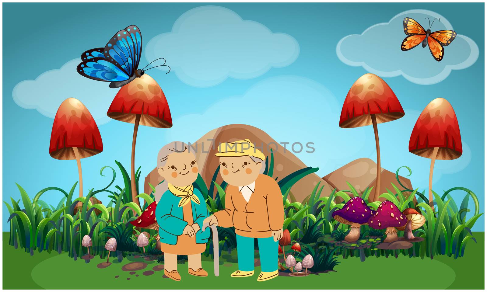 old couple walking in the garden