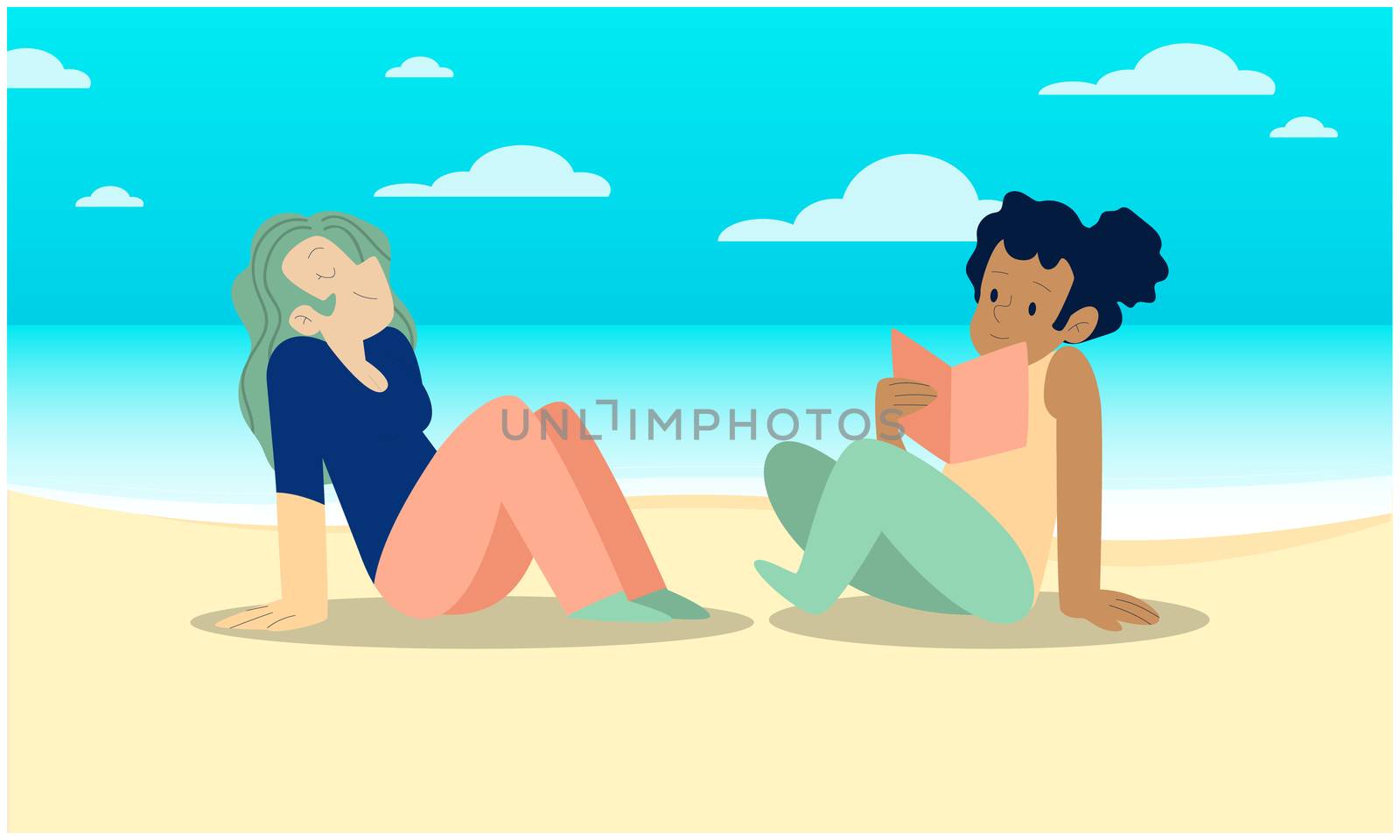girls are sitting on the ground at the beach