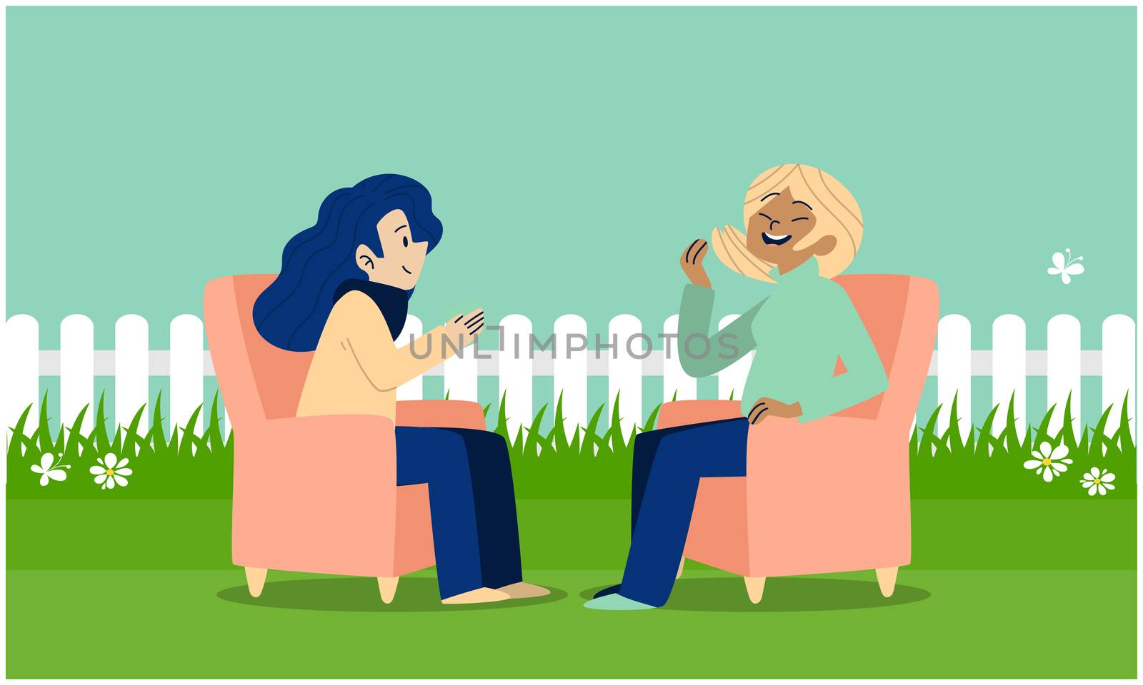 girls are sitting in a garden and talking to each other by aanavcreationsplus