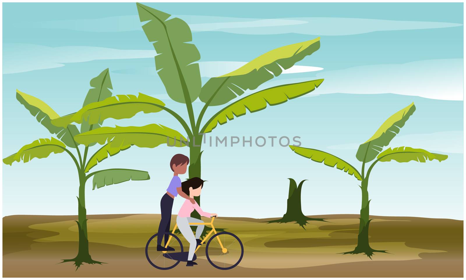 mother and her son riding a bicycle in a garden by aanavcreationsplus