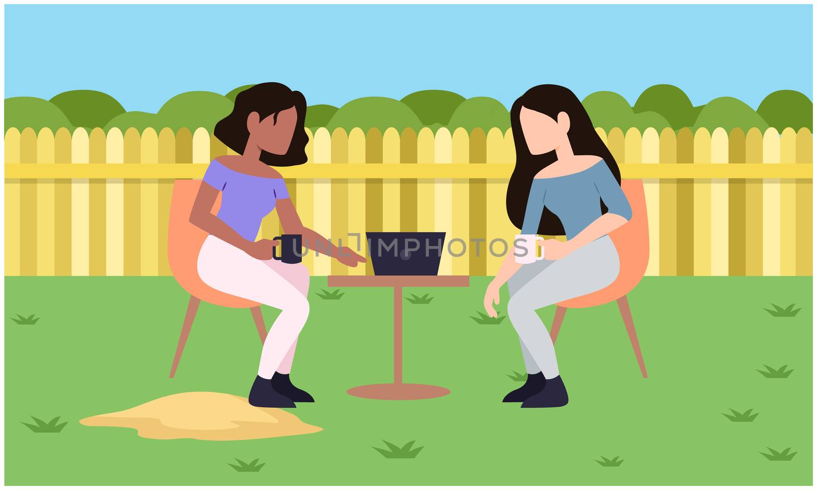 girls are talking to each while sitting in a garden by aanavcreationsplus
