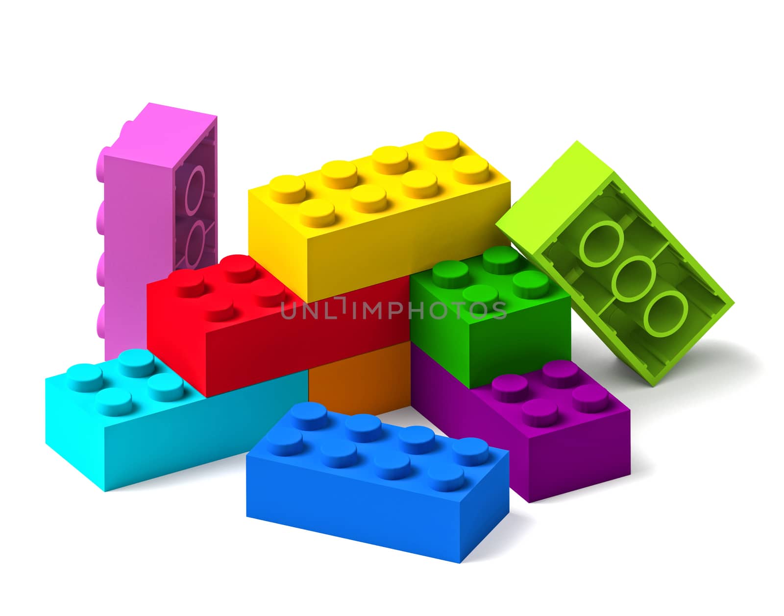 Starting to build from rainbow color building toy blocks 3D isolated on white background