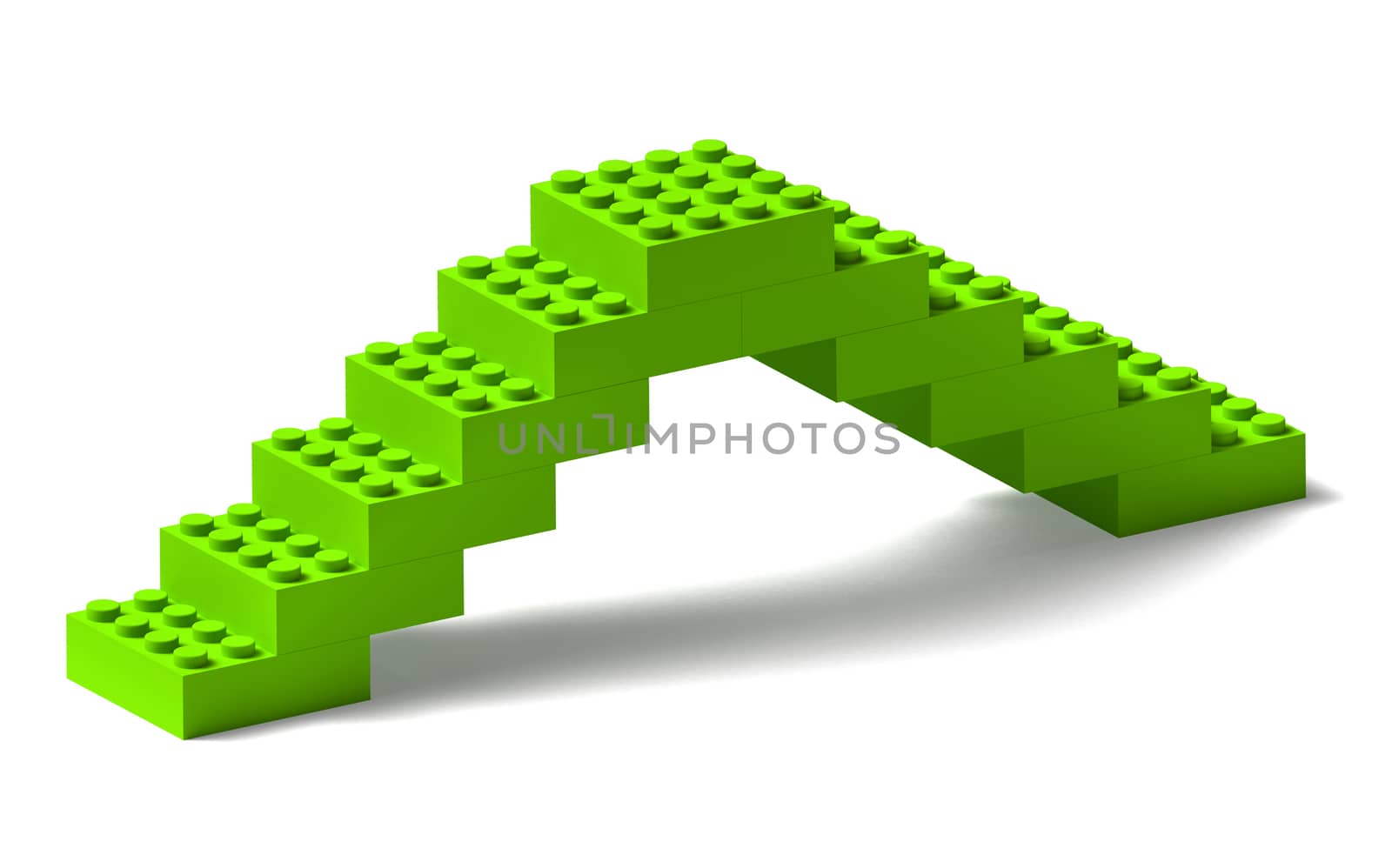 Green building blocks bridge 3d isolated on white, with drop shadow