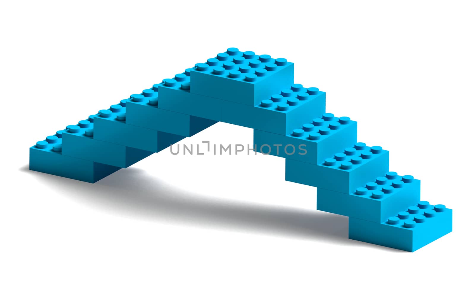 Blue building blocks bridge 3d isolated on white, with drop shadow