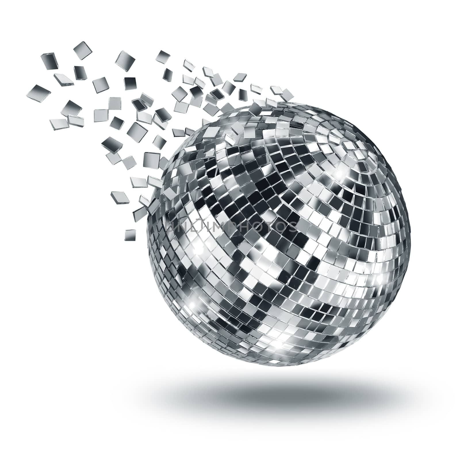 Vintage disco mirror ball breaking into flying glass pixel fragments on white background