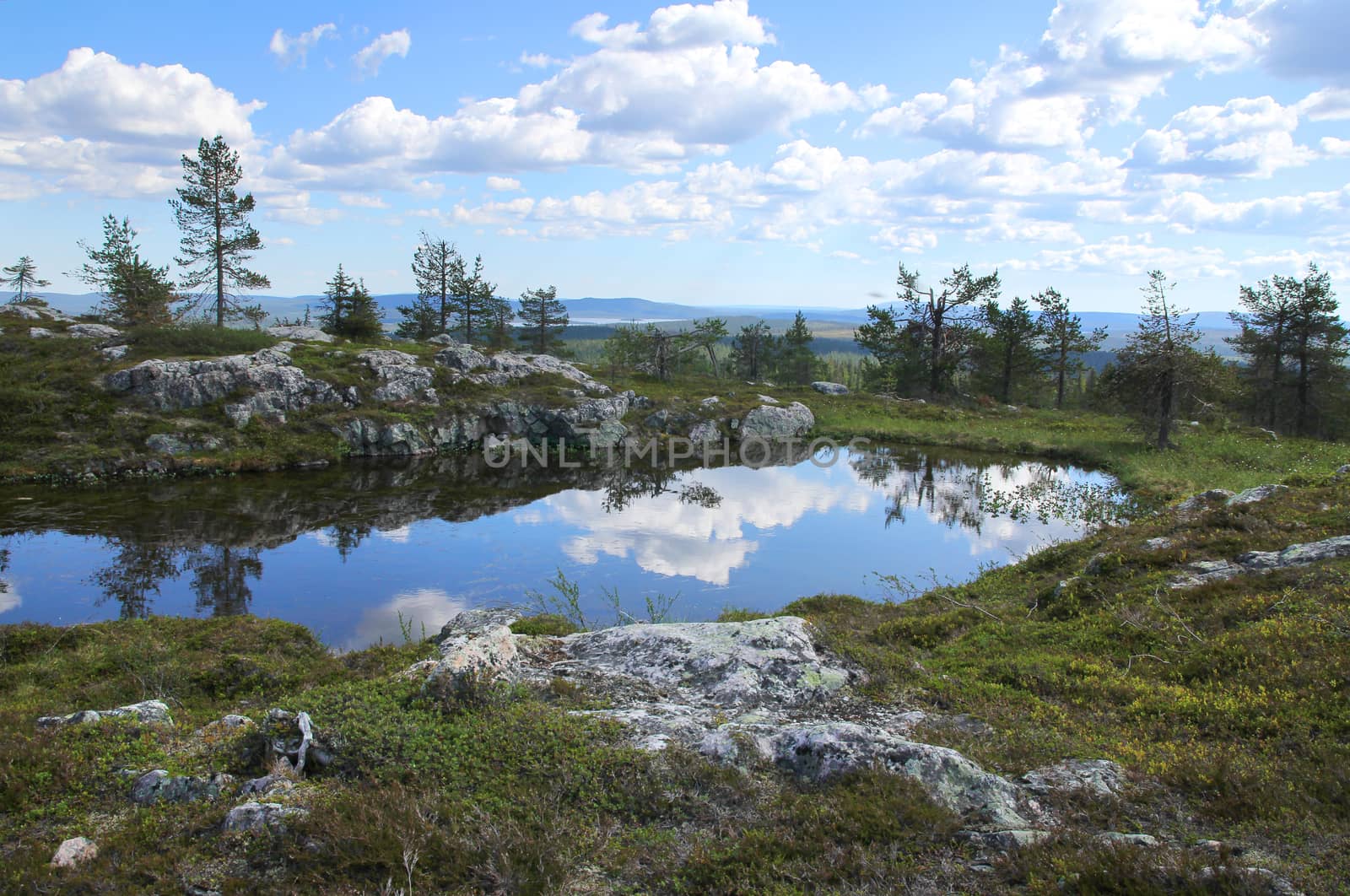 Pond reflections on top of Sarkitunturi fell Lapland by anterovium