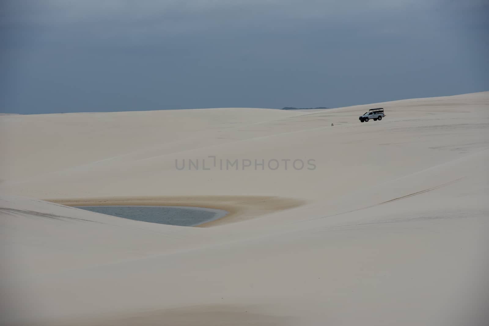 Atins, Brazil - 12 January 2019: tourist truck on the dunes at Lencois Maranhenese National Park in Brazil