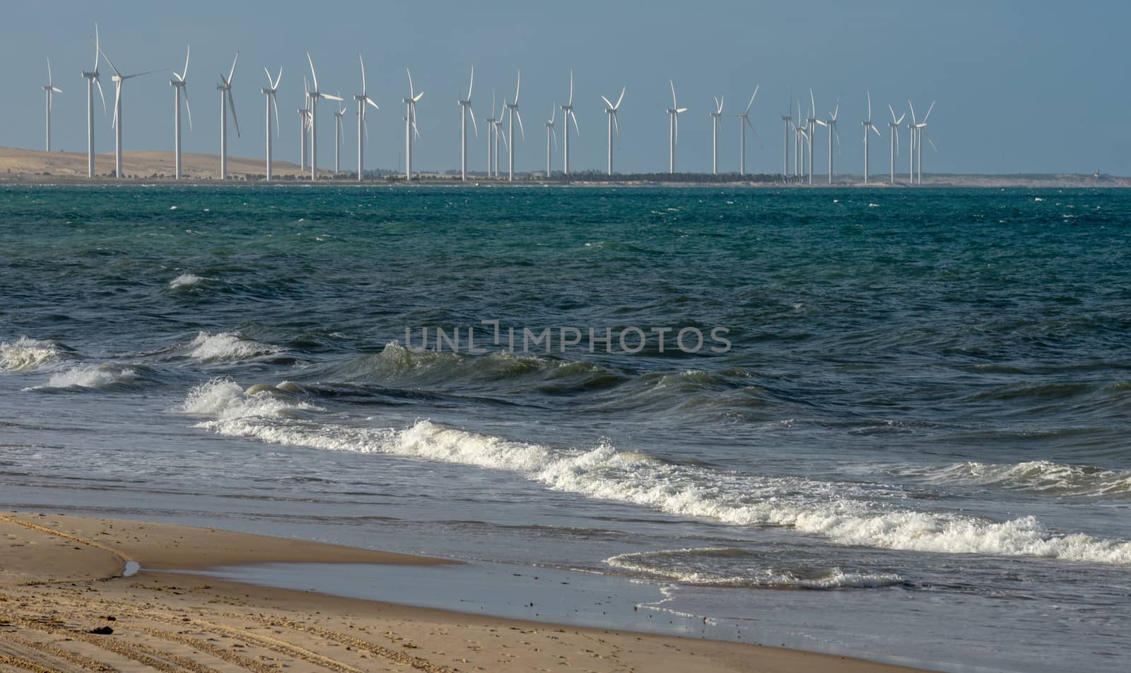 Wind farm on the beach of Canoa Quebrada in Brazil