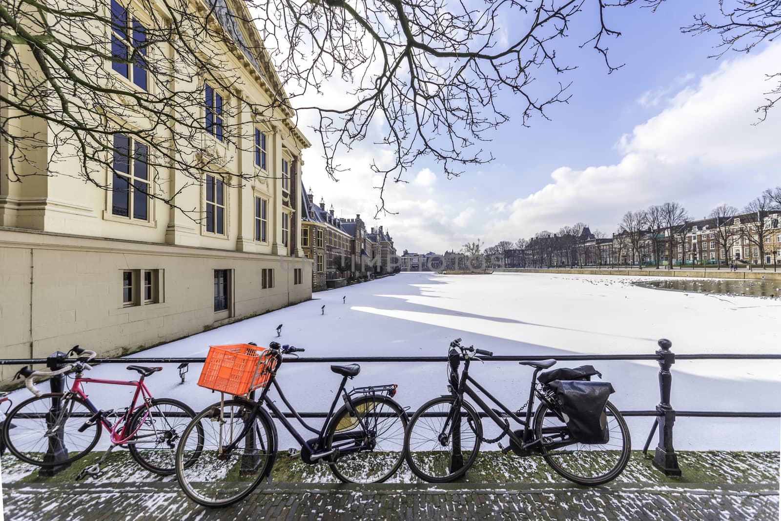 Rusty bicycles in front of the panoramic view of the Dutch parliament building and its frozen pond water by ankorlight