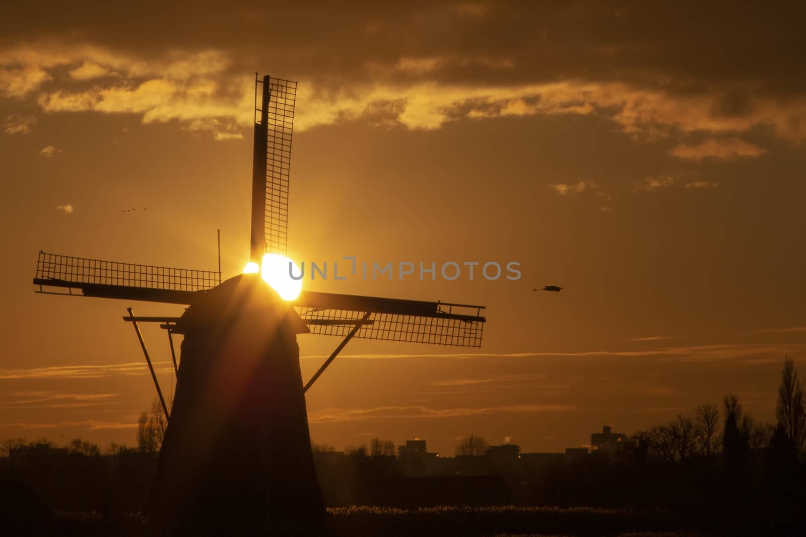 Warm and vibrant sunrise over the Unesco world heritage windmill in Leidschendam, Kinderdijk, Netherlands 