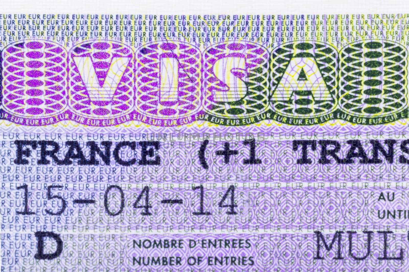 Close up of a Schengen visa allowing the passport holder to travel inside the Schengen treaty territory