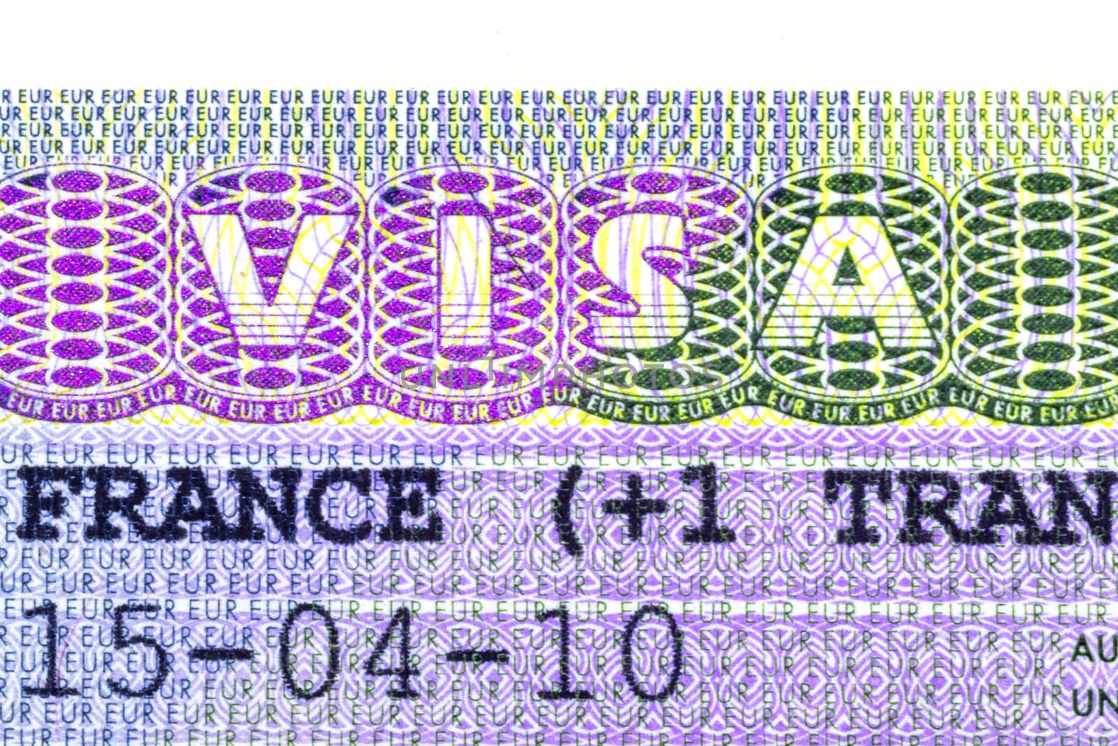 Close up of a Schengen visa allowing the passport holder to travel inside the Schengen treaty territory