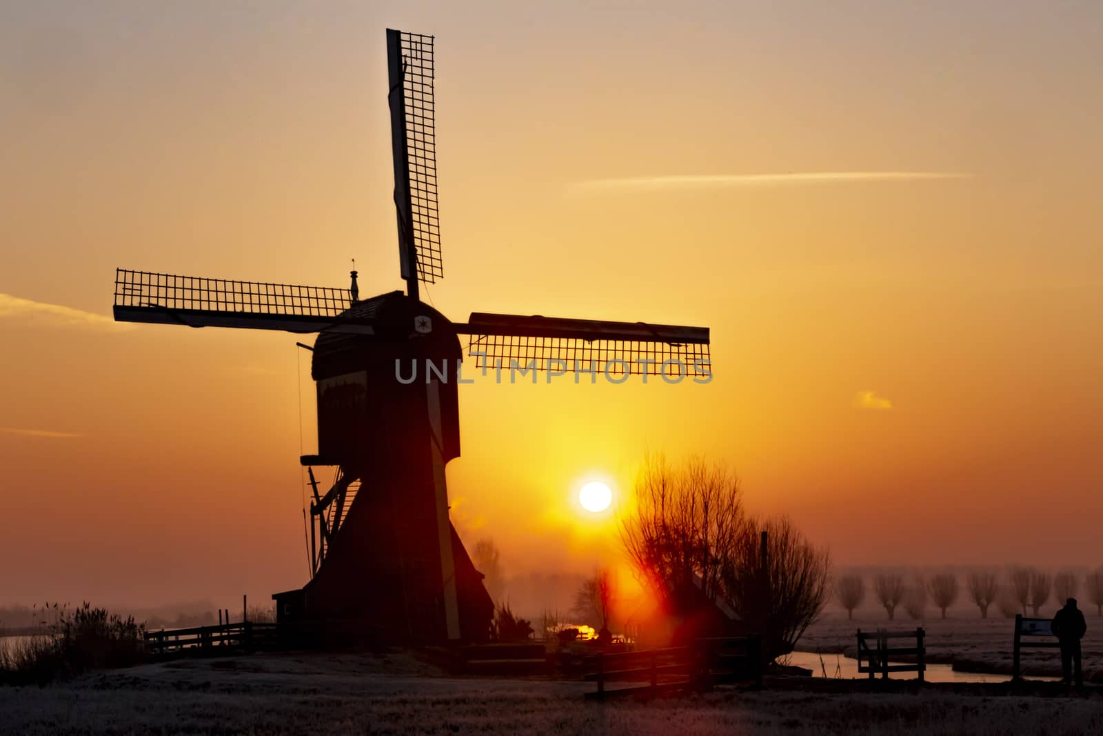 Typical Dutch rural landscape with windmill silhouettes at the early morning sunrise in Netherlands
