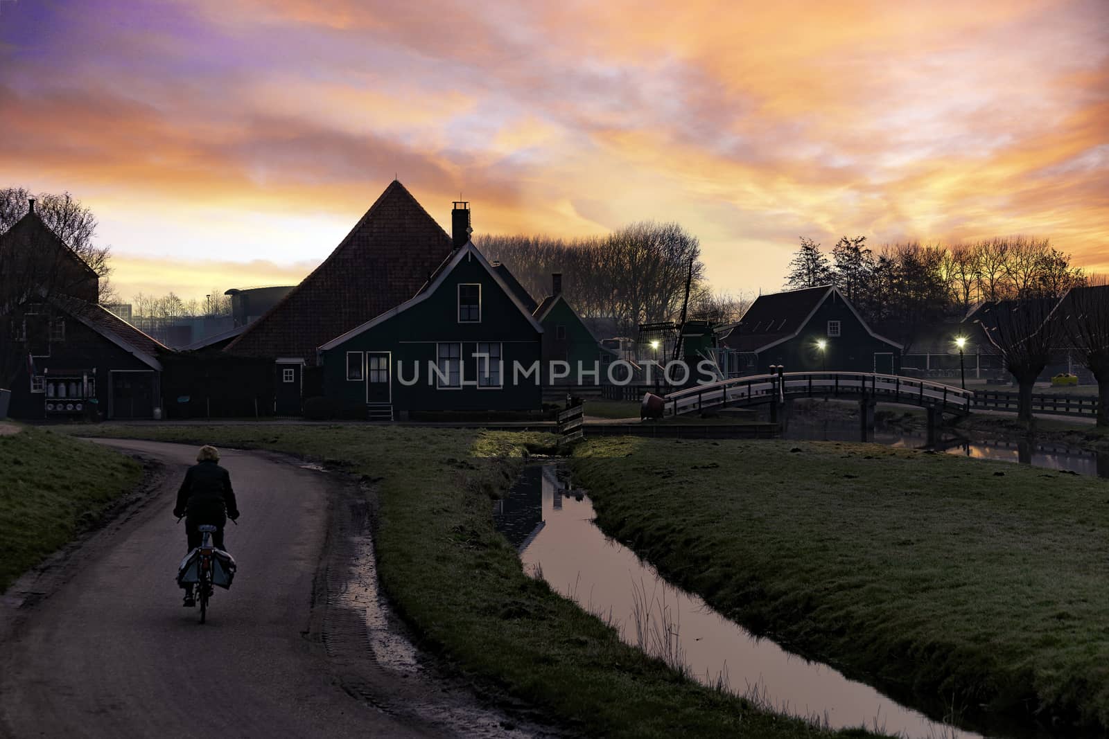 Sunrise on the Dutch houses at the river side in Zaanse Schans, Netherlands