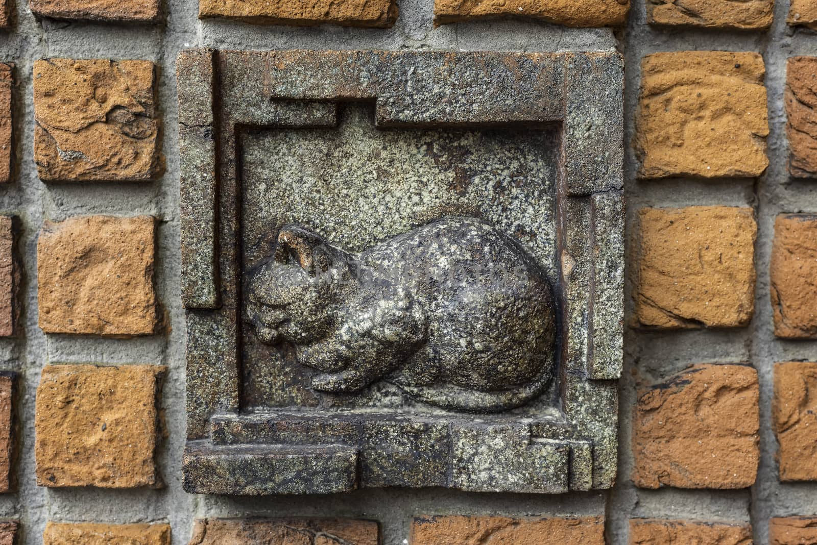 Bas reflief of a sleeping cat brown brick blended in a orage bricks wall