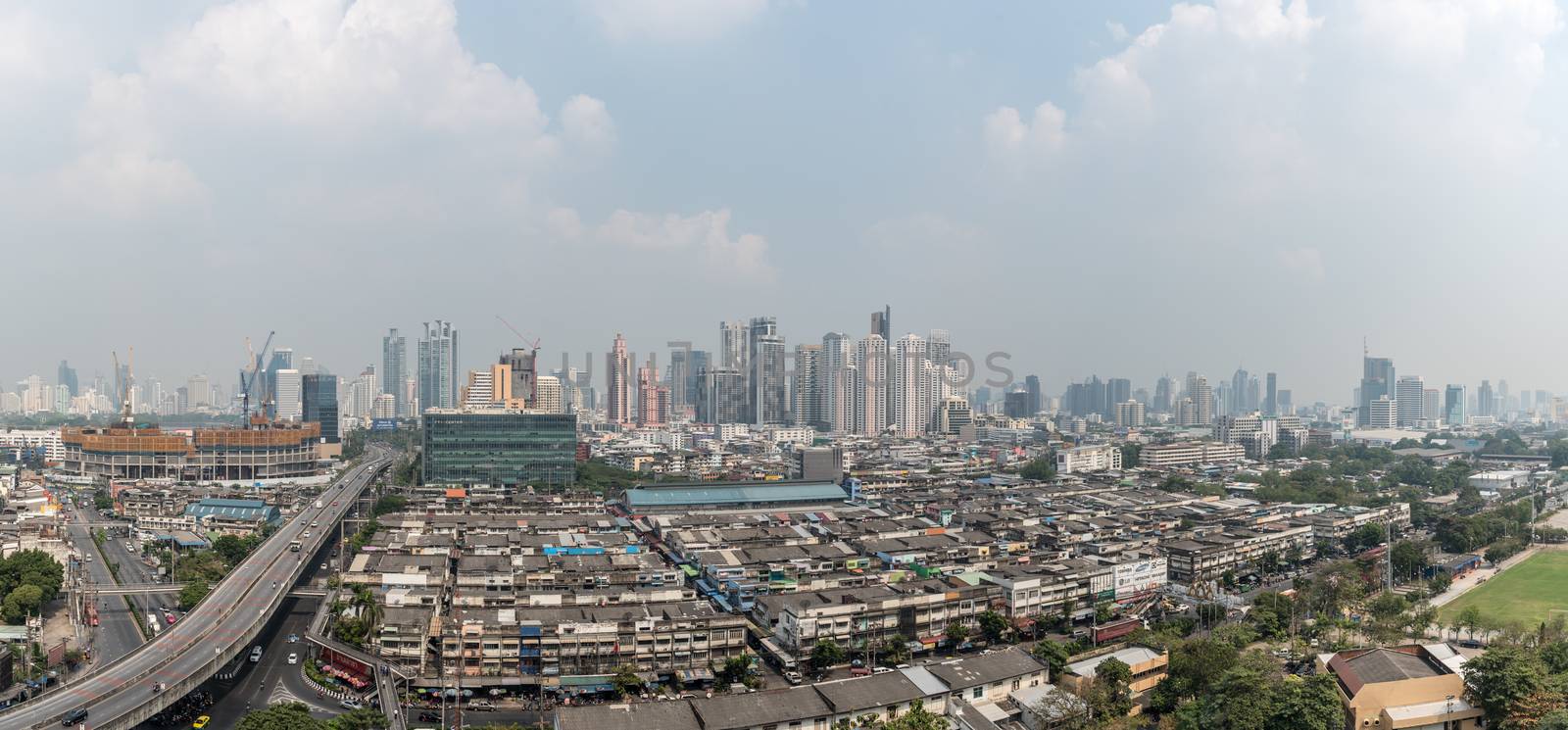 Bangkok, Thailand - January 31, 2019 : Cityscape of Bangkok city with smog PM2.5 dust exceed the standard value of Bangkok city with bad weather air pollution cause poor visibility and health hazards