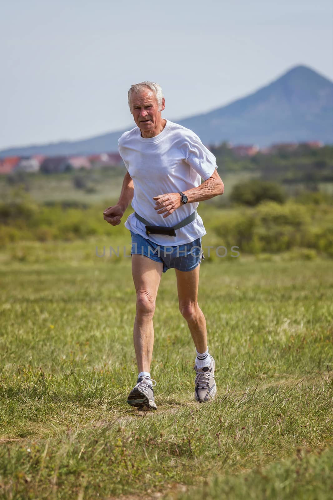 Senior runner running on the field by Digoarpi