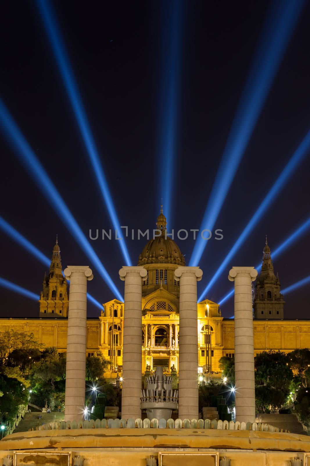 Night view of Magic Fountain light show in Barcelona, Spain