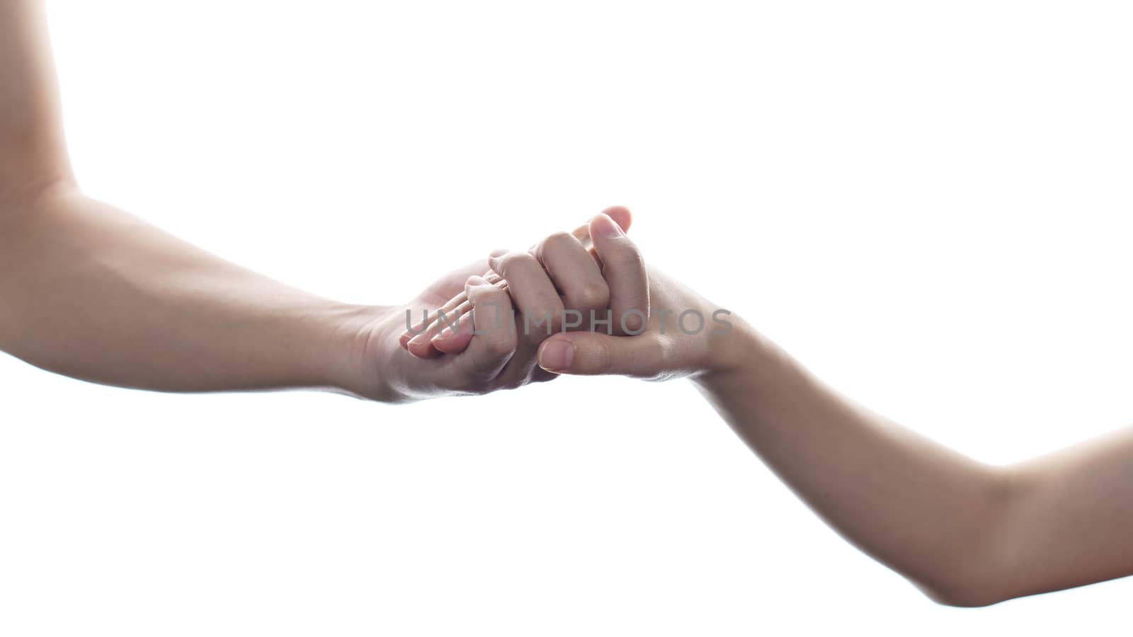 Couple holding hands with white isolated background.