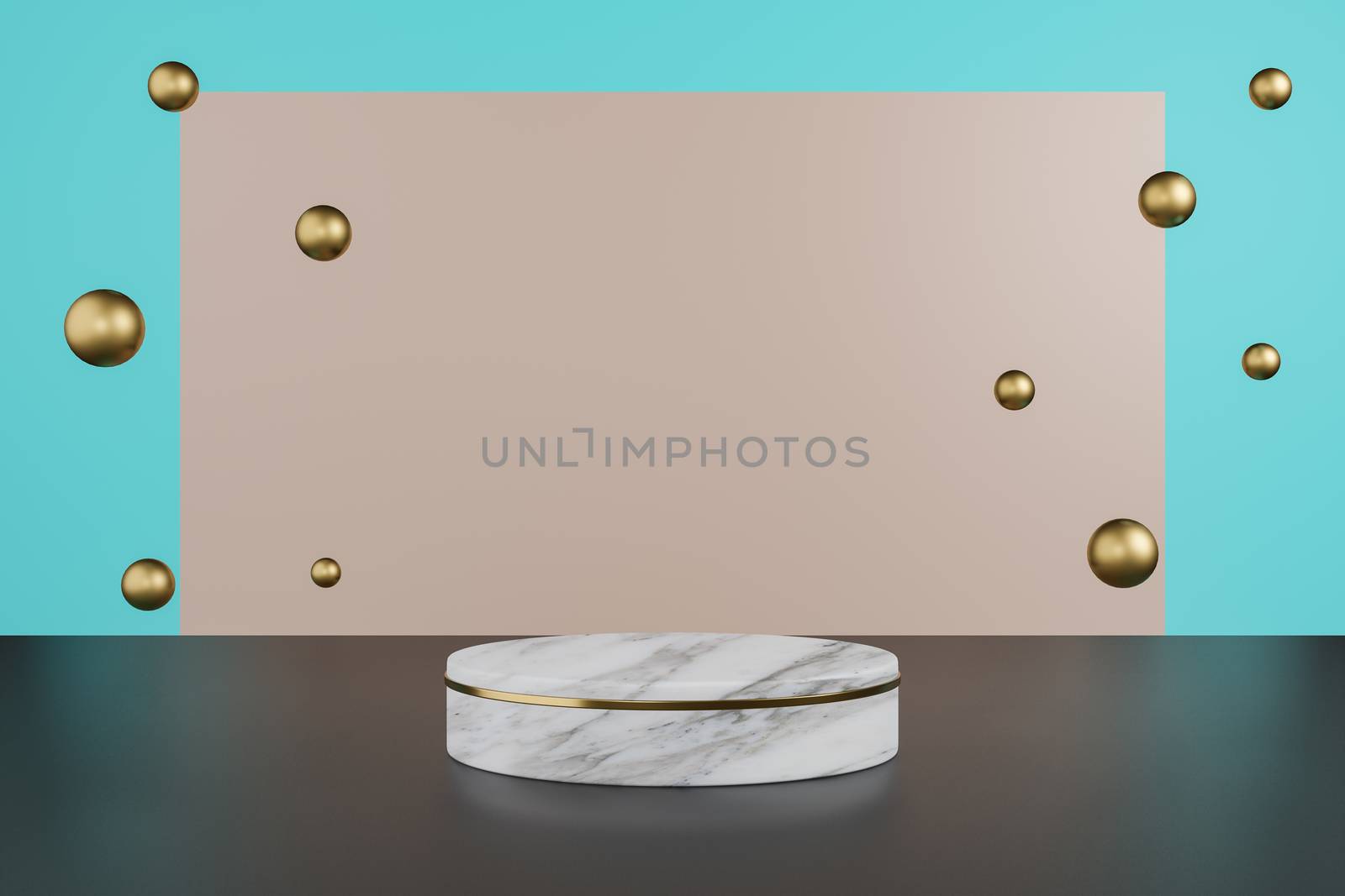 Product stand, white marble and gold, round shape with gold ball decoration. 3D Rendering