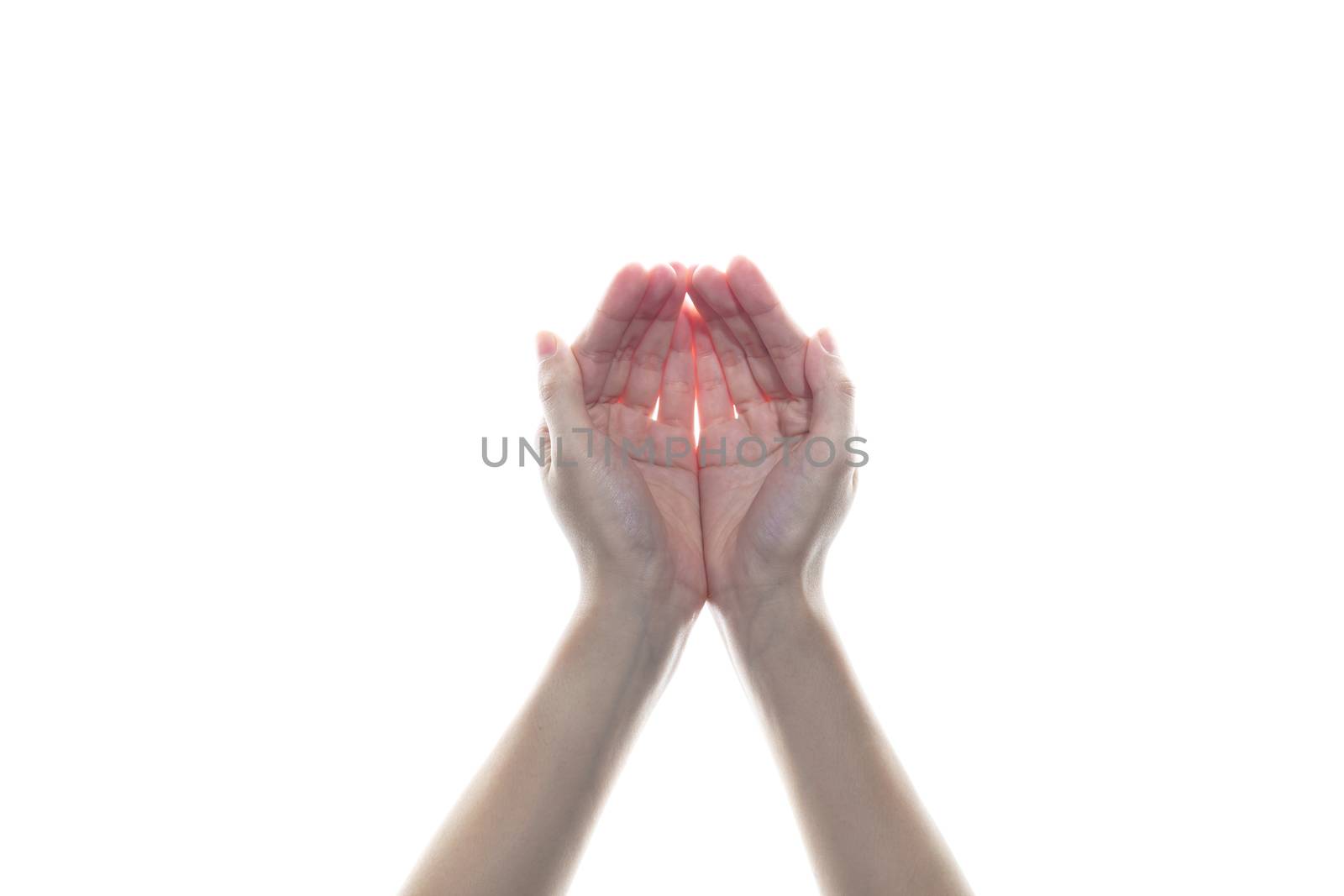 Woman open empty hands, hands of prayer on white isolated background.