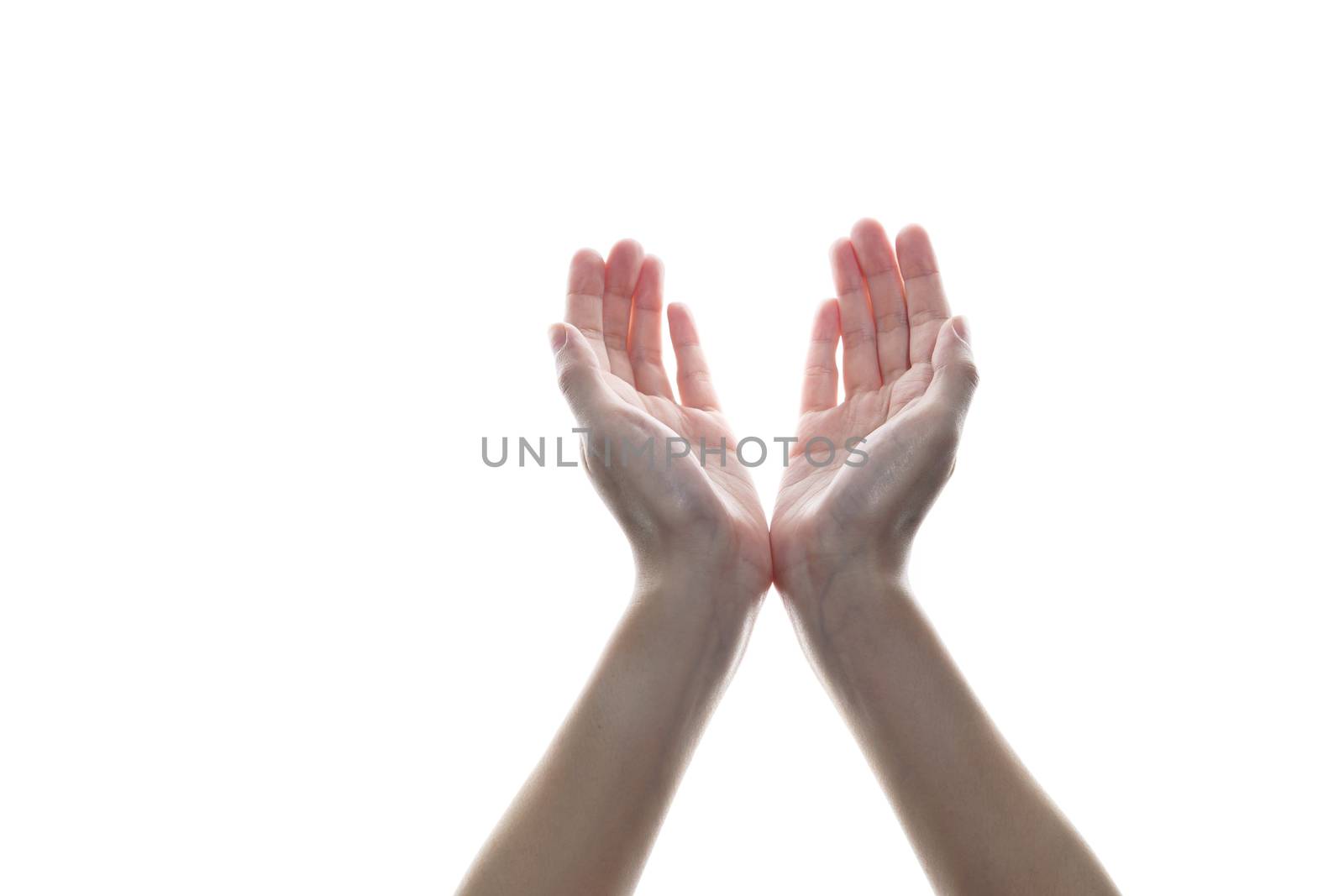Woman open empty hands, hands of prayer on white isolated background.