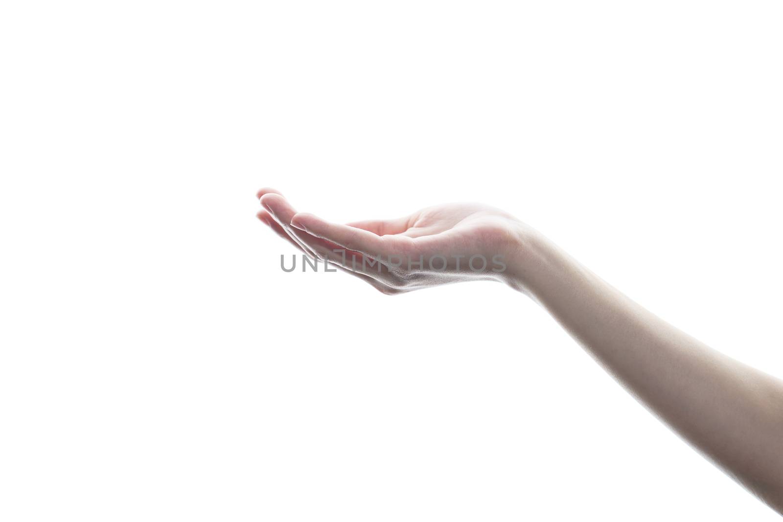 Outstretched woman hand, open the palm of the hand on white isolated background.