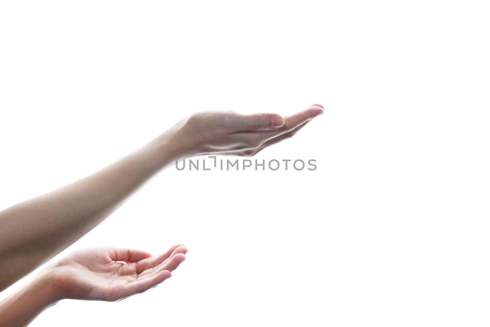 Woman hand pleading or open the palm of the hand on white isolated background.