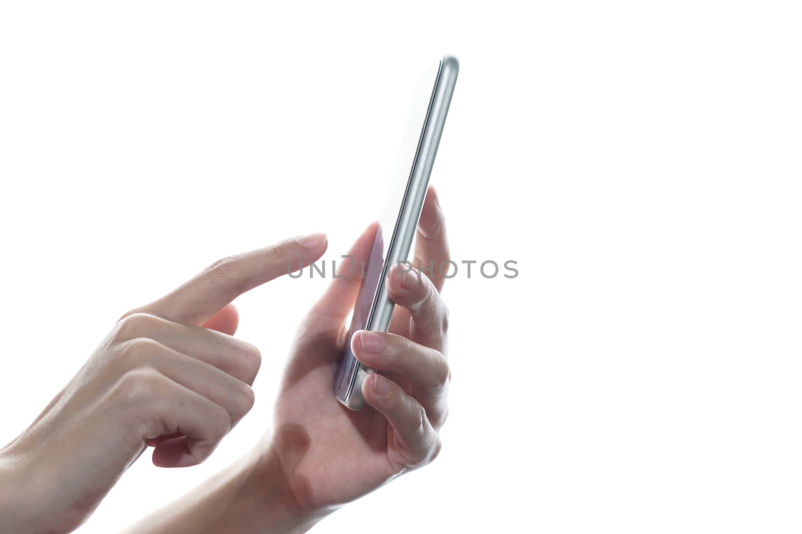 Side view of woman hand holding and touching smartphone isolated on white background.
