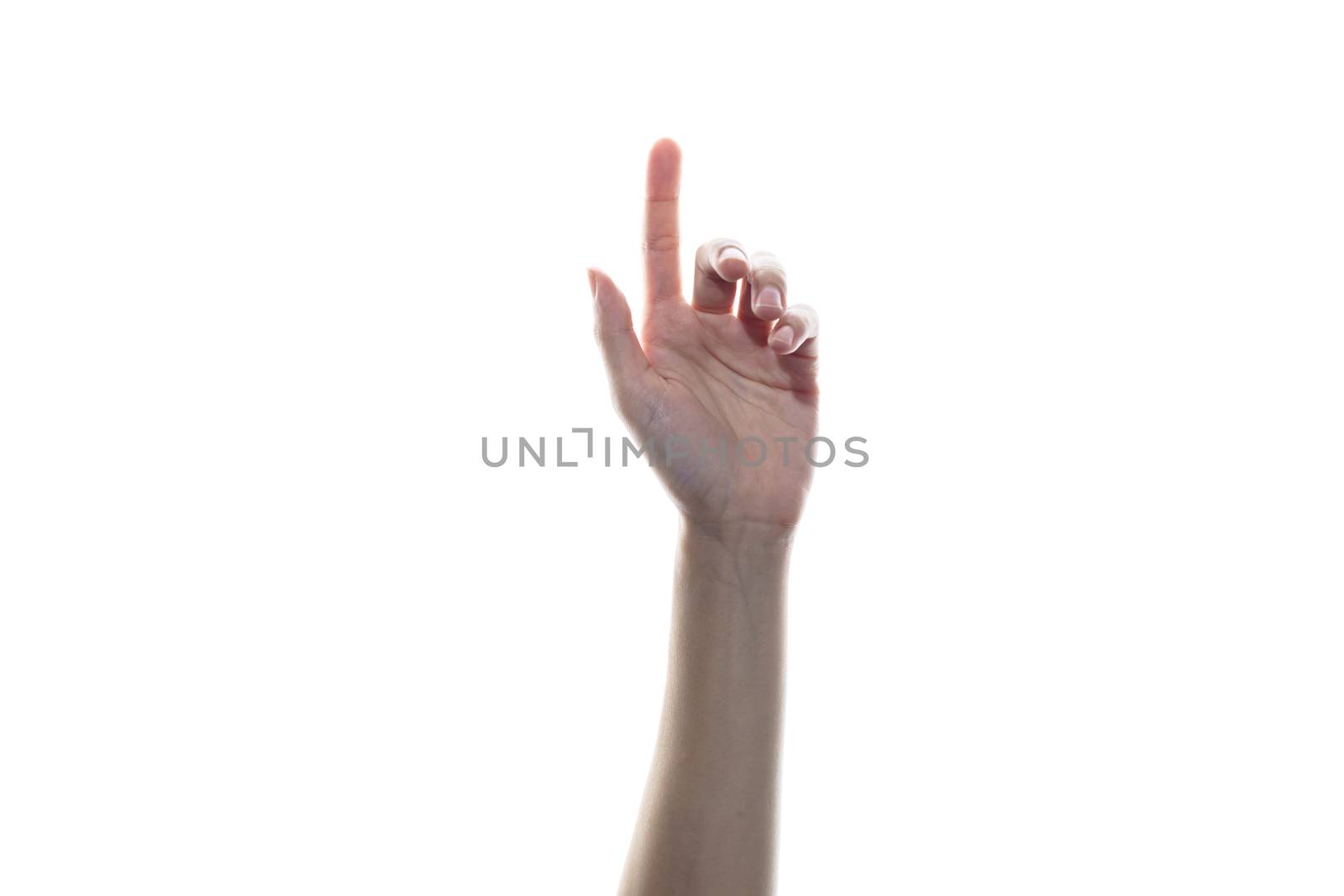 Hand press the button, click mouse concept on white isolated background.