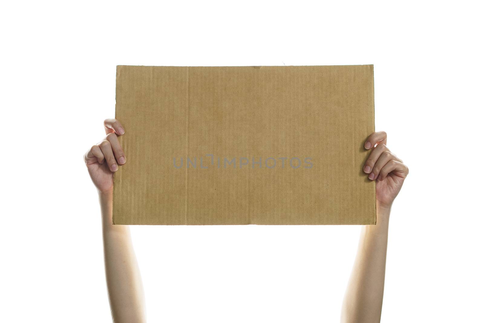Woman hand holding a blank placard to put the text.