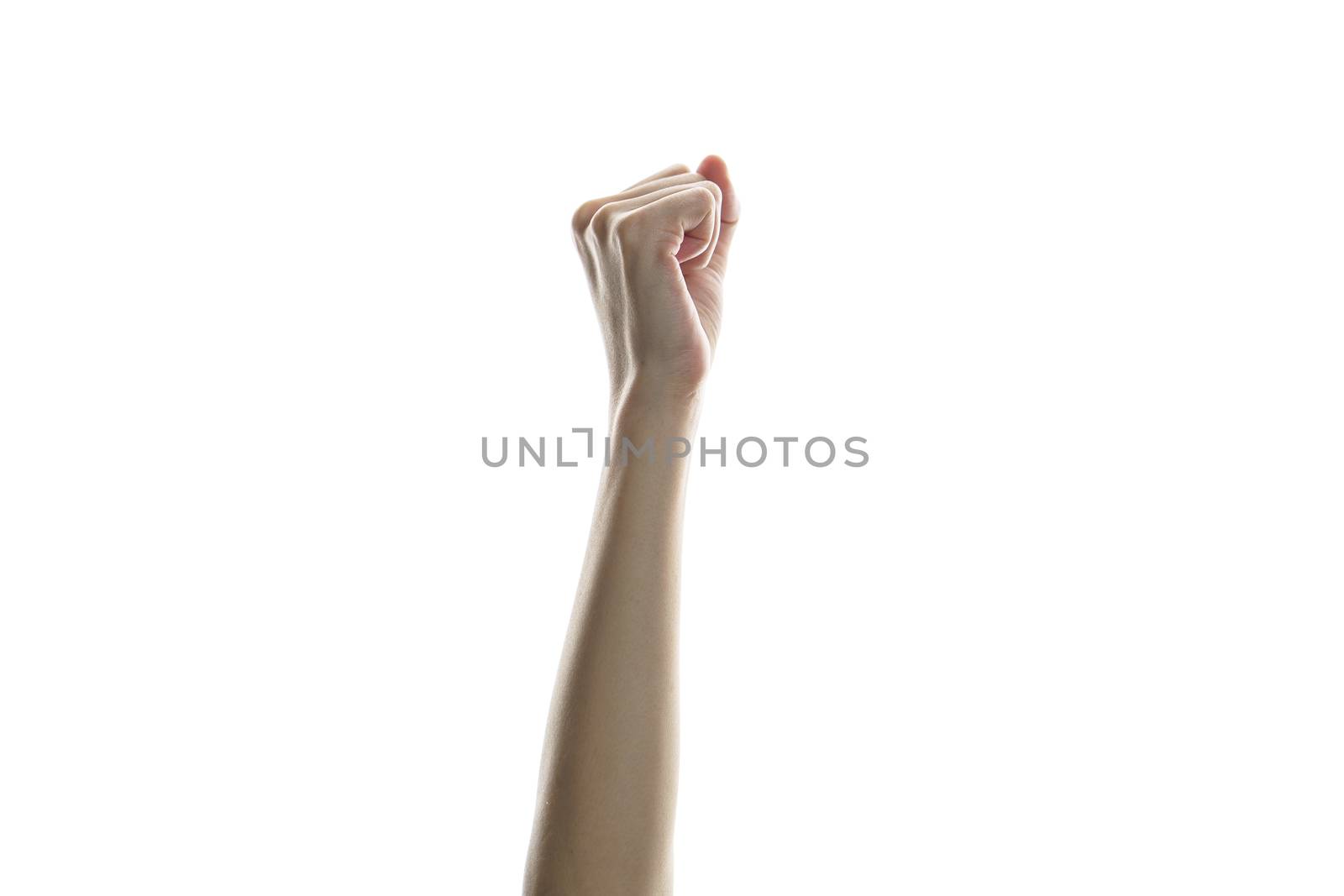 Fists of people raised in the air isolated on white background.