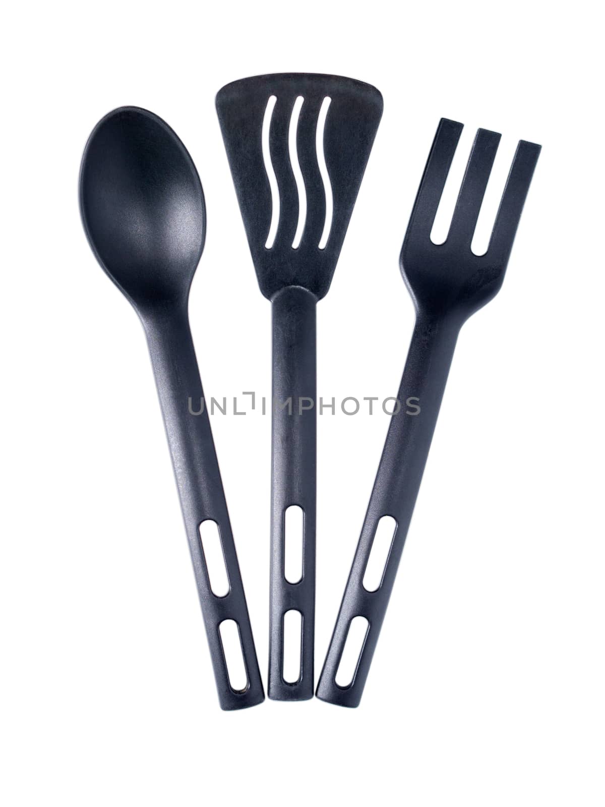 Plastic fork, spoon and blade for kitchen isolated on white