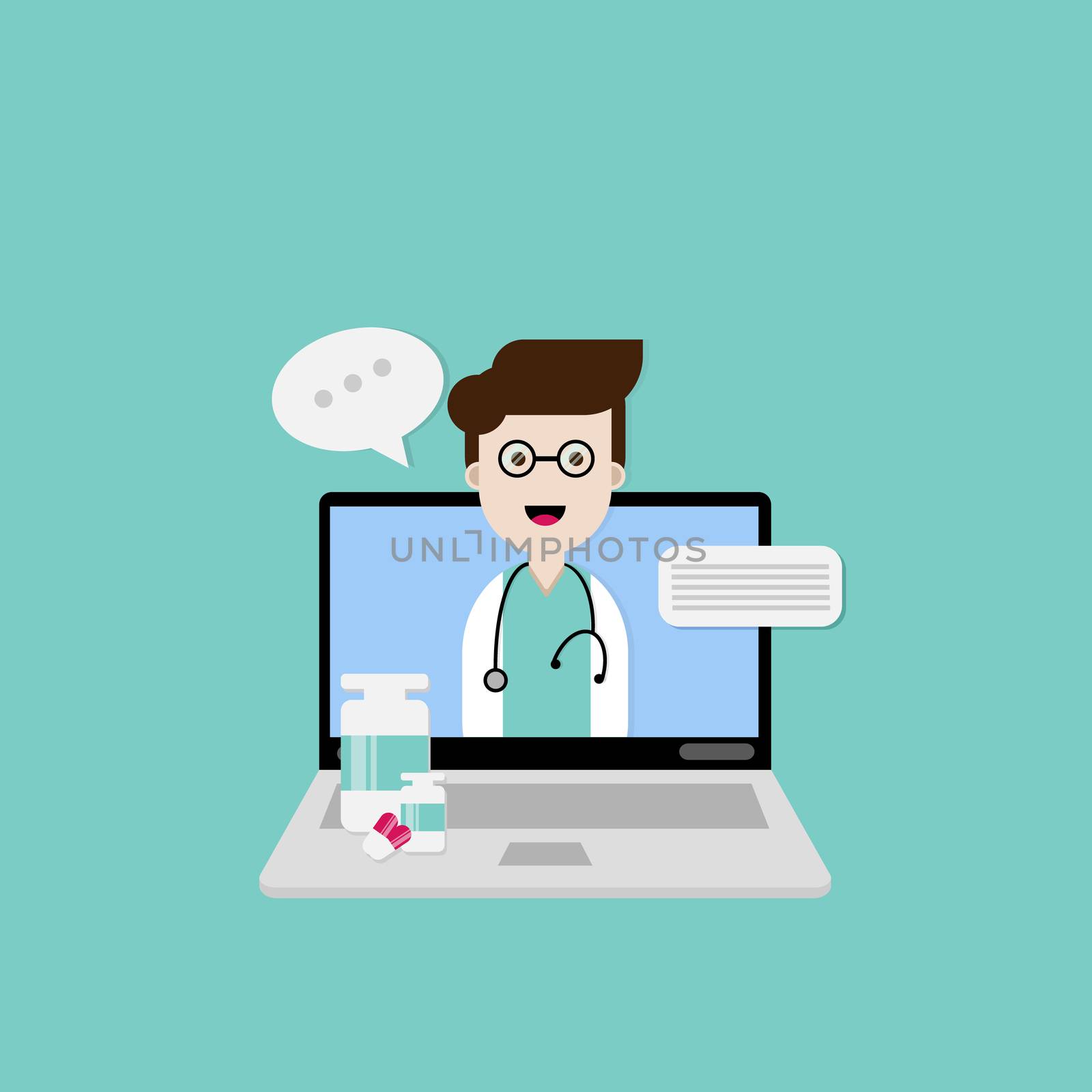 Telemedicine and health care concept. Doctor and stethoscope on the screen of the computer or laptop with a medicine bottle and red and white capsule on a green background. Online medical at home.