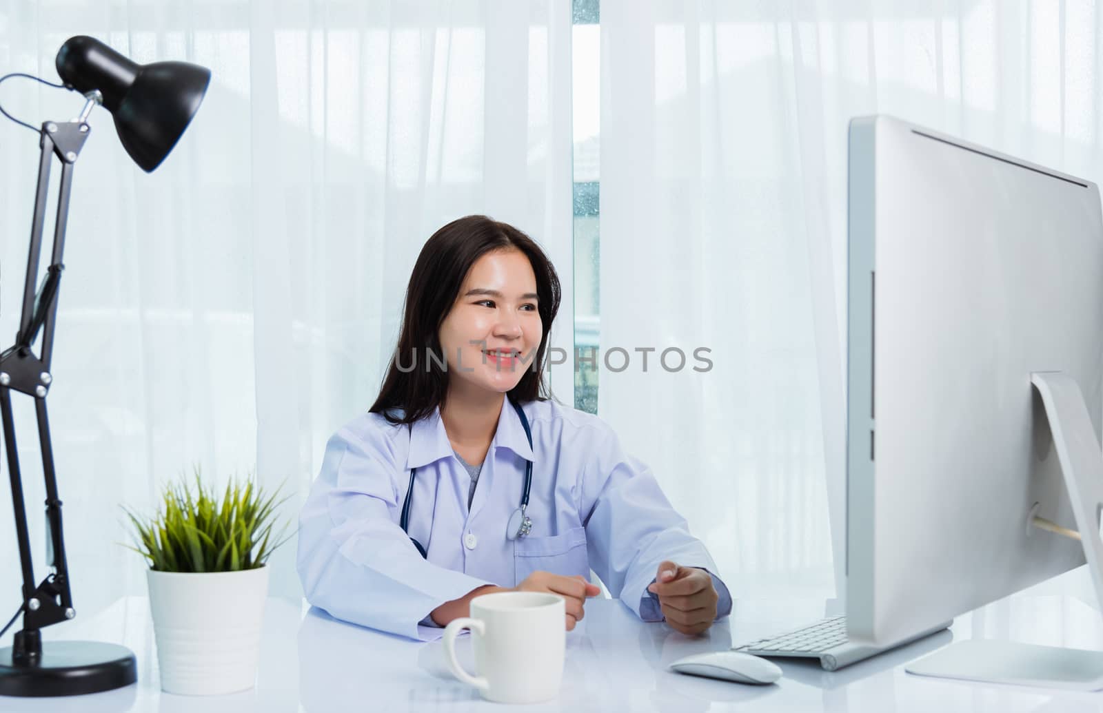 Woman doctor video call conference online sit listen patient to  by Sorapop
