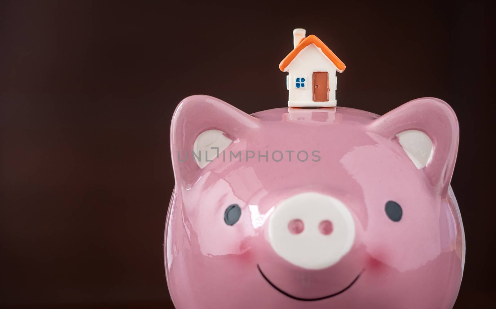 Real estate sale, savings, home loans market concept. model house on smilely pink Piggy bank