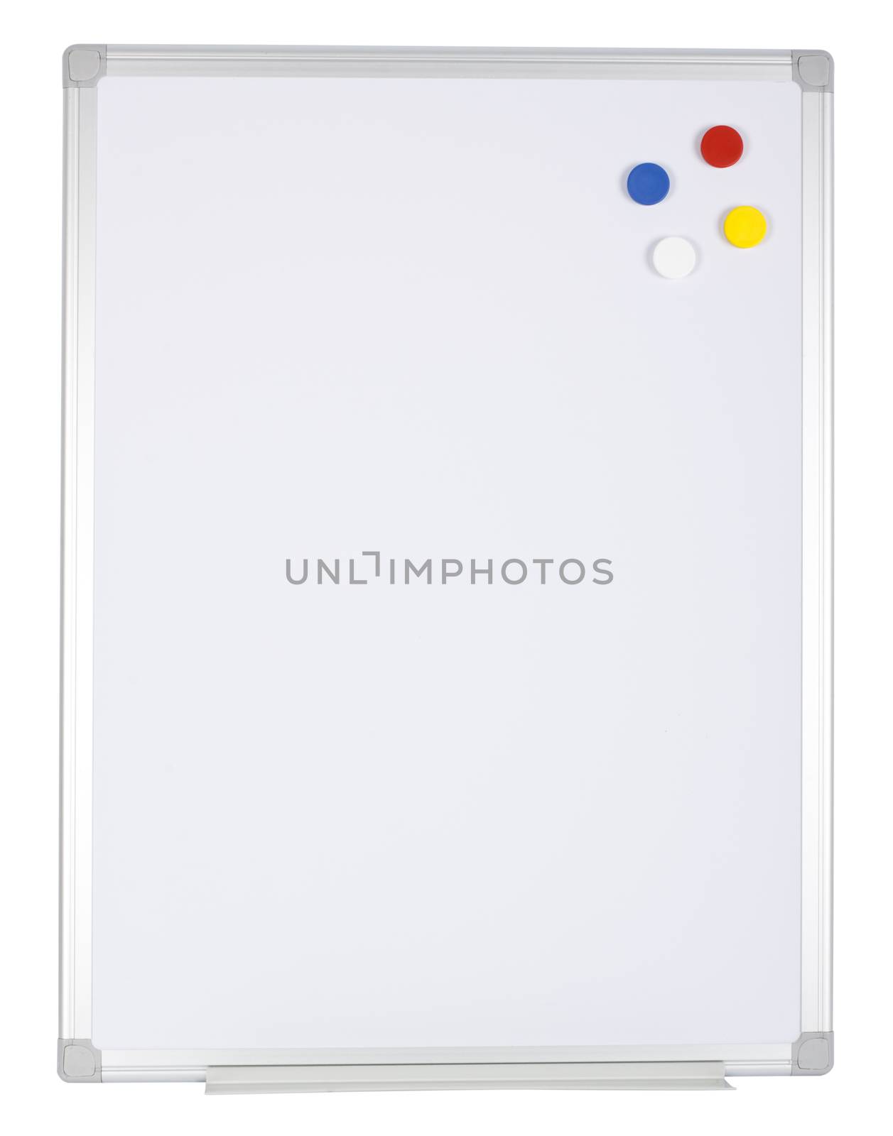 Whiteboard with magnetized color buttons isolated on white background.